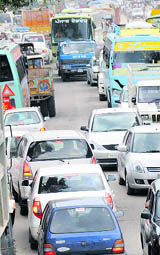 A 6 km-long traffic jam on the Chandigarh-Kurali road at Kurali on Friday. 