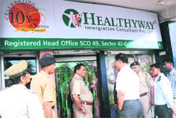 Officials of the Chandigarh Police raid the office of Healthyway Immigration Consultant Pvt Ltd, Sector 42, Chandigarh