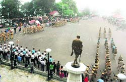 Soldiers march past during a rehearsal for Independence Day in Shimla on Saturday