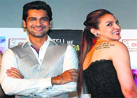 Back to back: Bollywood actors Esha Deol and Arjun Bajwa during the launch of the first look of film Tell Me O Khuda in Mumbai recently