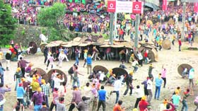 FREE FOR ALL: People take part in Bagwal fair at the Barahi Devi Temple in Devidhura village in Uttarakhand on Saturday