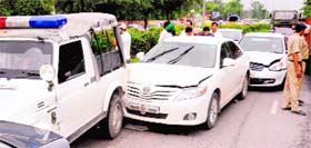 Punjab Transport Minister Surjit Kumar Jiyanis car met with an accident in Chandigarh on Saturday.