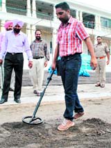 Cops during a security drill at the YPS Stadium in Patiala on Saturday.