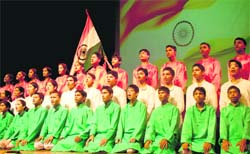 Schoolchildren perform during a cultural programme on the eve of Independence Day at Tagore Theatre in Chandigarh on Sunday