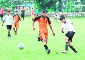 A match in the 1st Brother Keogh Memorial Inter-school Football Tournament under way at St. Josephs Academy in Dehradun on Sunday