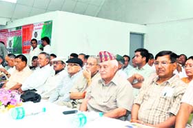 Lieut-Gen TPS Rawat (retd) (second from right) with other dignitaries at the first convention of the Uttarakhand Raksha Morcha in Dehradun on Sunday