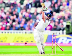 Gautam Gambhir is bowled by Englands Tim Bresnan on the first day of the third Test at Edgbaston.