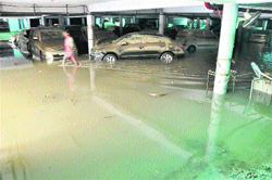 A view of the badly damaged cars caused due to incessant rain in Ludhiana. 