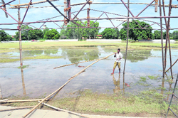 The stage meant for the Independence Day function at SCD Government College being dismantled in Ludhiana on Sunday. 