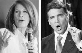 Republican presidential candidate and Minnesota congresswoman Michele Bachmann speaks to supporters at the Iowa Straw Poll at Iowa State University; and (right) Texas Governor Rick Perry announces his presidential bid in Charleston, South Carolina
