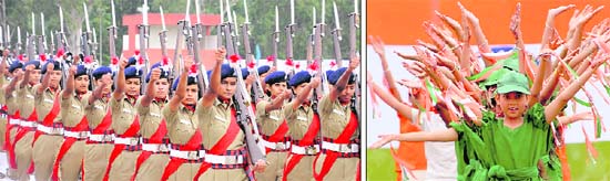 Chandigarh Police personnel take part in a parade at Sector 17 in Chandigarh; and (right) children celebrate the Independence Day at Mohali on Monday