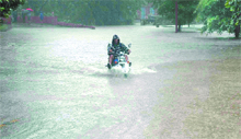 A motor cyclist drives through knee-deep water on a road in Dehradun on Tuesday