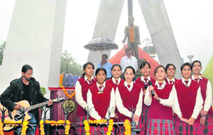 Students present a cultural show at the Samadhi Sathal of Sardar Ajit Singh at Panjpulla in Dalhousie.