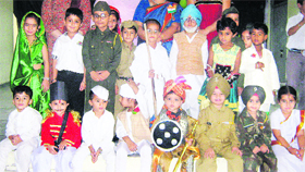 Students of Apeejay School Rama Mandi take part in a fancy dress competition organised as a part of Independence Day celebration in Jalandhar. 