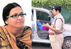 A cop carries out inspection after RTI activist Shehla Masood (left) was shot dead in her car (right) in Bhopal on Tuesday. 