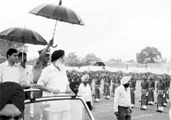 Chief Minister Parkash Singh Badal inspects the PAP parade in Amritsar.
