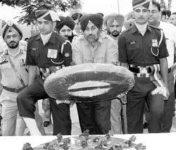 Deputy Chief Minister Sukhbir Badal lays a wreath at a war memorial in Asafwala village in Fazilka district.