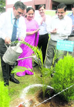 A plantation drive organised by the SBI at Dev Samaj College, Sector 45, Chandigarh, on Wednesday.