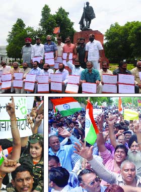 (Clockwise from top): BJP MLAs hold a silent protest at the Delhi Asembly in support of Anna Hazare on Wednesday; Anna supporters shout anti-UPA government slogans outside Tihar Jail in New Delhi on Wednesday; a child joins the protest