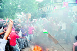 Students burn an effigy of the Centre in protest against the arrest of Anna Hazare at the Clock Tower, Dehradun, on Wednesday.