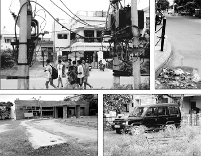 An electricity transformer stationed below the requisite height; garbage strewn on a road; congress grass covers a park bench; and an ill-maintained janjghar at Sector 10 in Panchkula