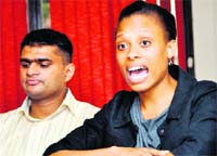 Naomi Mattos, Vice-Consul, American Embassy, addresses a press conference in Dehradun