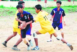 A handball match in progress during the inter-Kendriya Vidyalaya sports meet in Dehradun