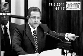 A TV grab of Justice Soumitra Sen in the Rajya Sabha during impeachment proceedings
