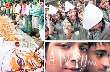 (Clockwise from top) Students participate in a rally against corruption at a school in Mumbai; Anna supporters paint their faces in Siliguri; and Allahabad University students make a painting  of Anna during a rally on Thursday