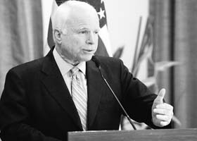 US Senator John McCain speaks during a press conference in New Delhi on Thursday