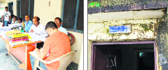 Employees of the Dehradun tehsil office work in the verandah of the building that is in a dilapidated condition. The employees are unable to sit in the rooms due to leaking roofs and crumbling walls; and (right) moss on a doorway of the computer room of the tehsil office.