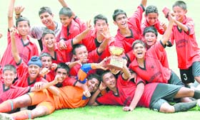 Players of St Stephens School in a jubilant mood after winning the ICSE Inter-School Football Tournament in Sector 45, Chandigarh, on Saturday
