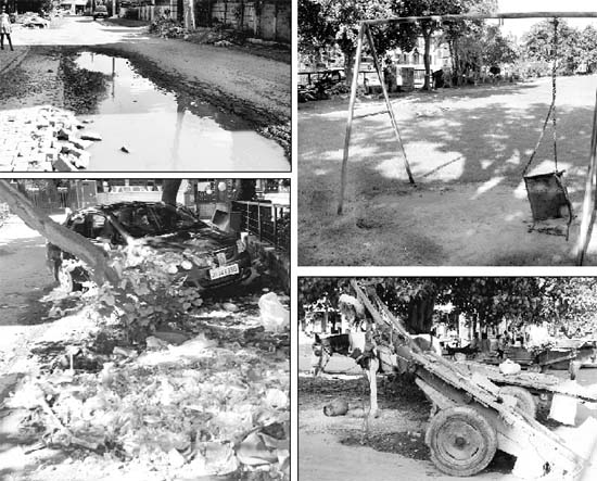 (Clockwise from top left) Water accumulated in a potholed road; a damaged swing in a park; horse carts parked at a marketplace; and a pile of garbage dumped outside a park at Sector 7 in Panchkula