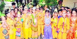 Students dressed as Radha and Krishna in Shiv Dale School ahead of the Janmashtami celebrations in Haridwar.