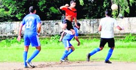 Players in action in a match in the Lala Nemi Dass Memorial District Football League in Dehradun on Saturday.