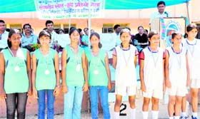The winners of the gold and silver medals in the 4x100 relay at the concluding ceremony of the Kendriya Vidyalaya (Dehradun division) sports meet in Haridwar on Saturday.