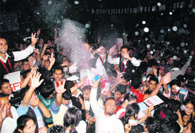 SFI supporters celebrate the victory of the party at Himachal Pradesh University in Shimla on Saturday.