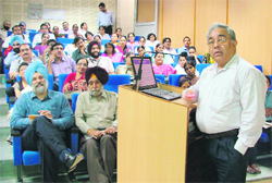 An expert addresses a CME on sterilisation practices and hospital infection control at the DMCH in Ludhiana on Saturday.