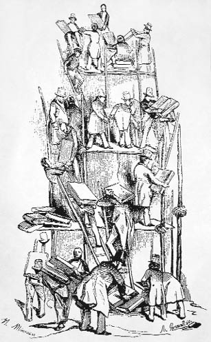 A witty old woodcut showing the building of a library, with books as bricks and readers as masons. 18th century
