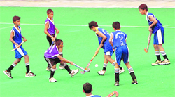 Players in action at the 10th ONGC SN Vohra Memorial sub-junior hockey tournament at Hockey Stadium in Sector 42, Chandigarh, on Sunday. 