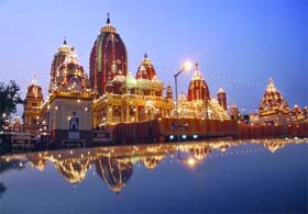 Illuminated Birla Mandir on the eve of Janamashtami in New Delhi on Sunday