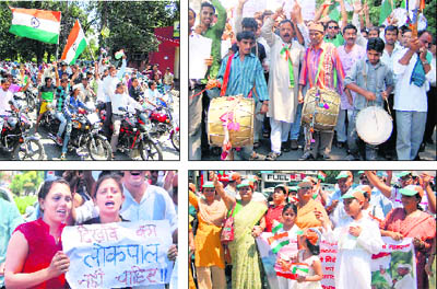 (Clockwise from top left): Youngsters take out a two-wheeler procession in Dehradun on Sunday; people of the Jaunsar area with traditional dholis; members of the Deendyal Upadhaya Sewa Paratisthan raise slogans; and girls hold a placard during a march taken out in support of Anna Hazare