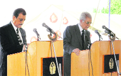 (From left) Justice Yash Paul Nargotra (retd) and Justice Hakim Imtiyaz Hussain (retd) take oath as the Chairman and the Member of the Jammu and Kashmir Accountability Commission, respectively, at a function at Raj Bhawan in Srinagar on Sunday.