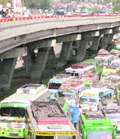 A view of a traffic jam in Jammu on Sunday. 