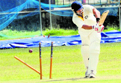 A batsman is clean bowled during a match of the PCA Players Emerging Cricket Tournament in Ludhiana on Sunday