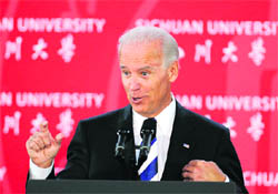 US Vice-President Joe Biden gestures as he speaks at Sichuan University in Chengdu on Sunday. 