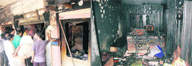 (Right) A view of the booking office of the Indane gas agency in the Vijay Nagar area on the Batala road in Amritsar which was gutted in a fir caused due to short-circuiting on Monday. (Left) People take a look at the booking office of the Vijay Gas Agency.