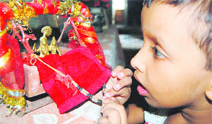 The golden swing of Krishna on Janamashtami attracts the attention of a young devotee in a temple at Amritsar on Monday