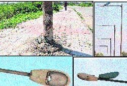 A junction box has been removed by cutting wires of an electricity pole; and (right) a row of non-functional streelights in Sector 52, Chandigarh.
