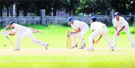 A batsman plays a shot on the third day of the PCA Players Emerging Tournament being held at the PAU in Ludhiana on Monday